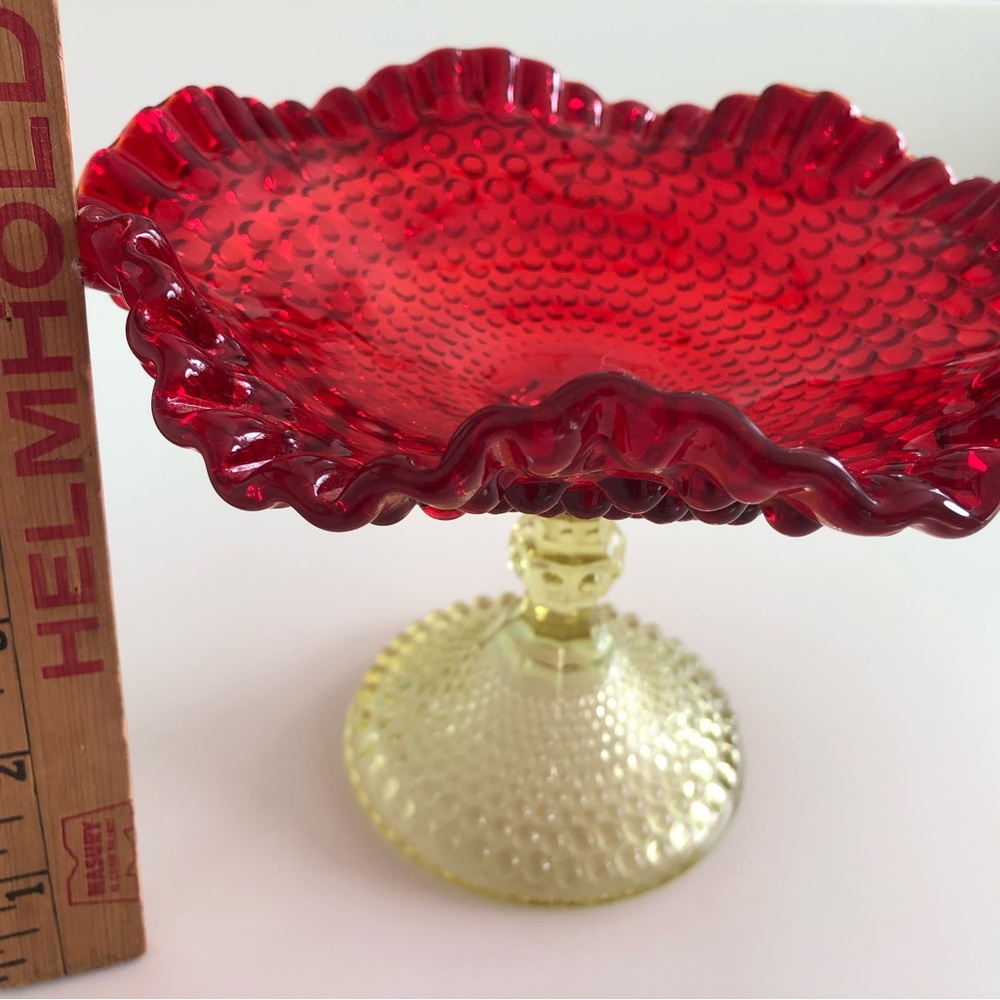 Vintage Hobnail Fenton Ruby Red Pedestal Vase Ruffled Candy Dish Gold Base